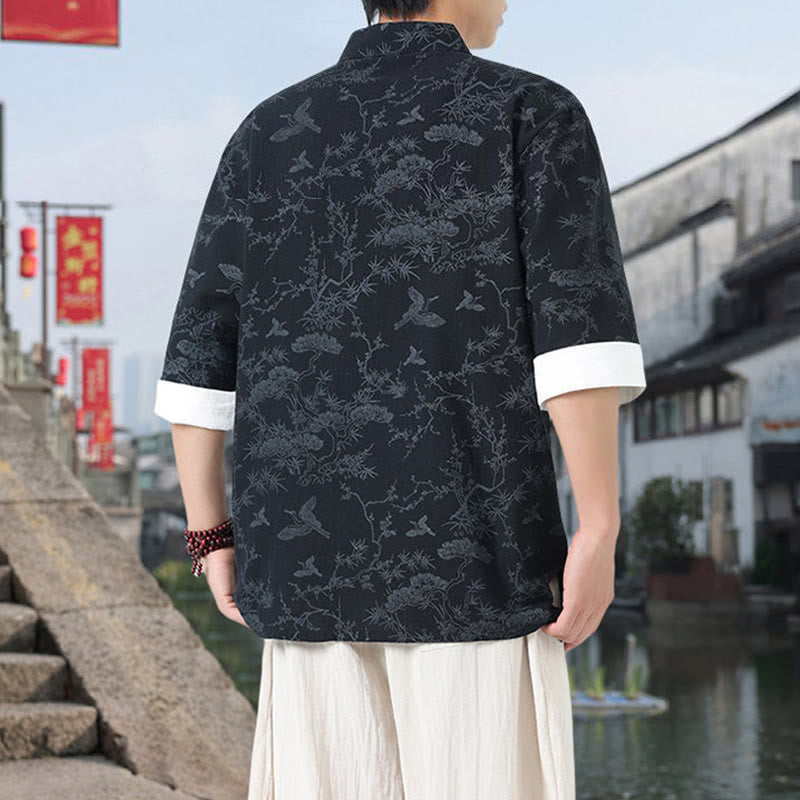 Buddha Stones Chemise Tang Suit pour homme, manches courtes, col montant, en coton, avec poches, motif grue et pin d'été - image 1