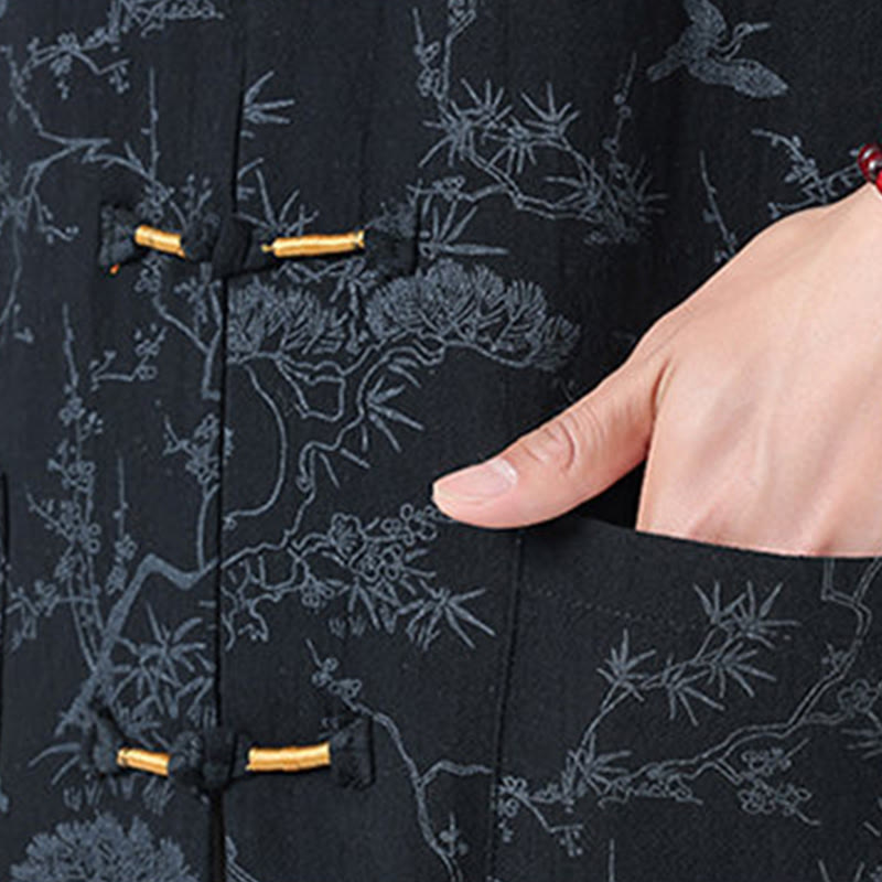 Buddha Stones Chemise Tang Suit pour homme, manches courtes, col montant, en coton, avec poches, motif grue et pin d'été - image 4