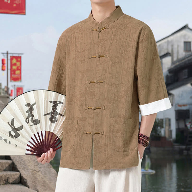 Buddha Stones Chemise Tang Suit pour homme, manches courtes, col montant, en coton, avec poches, motif grue et pin d'été - image 8