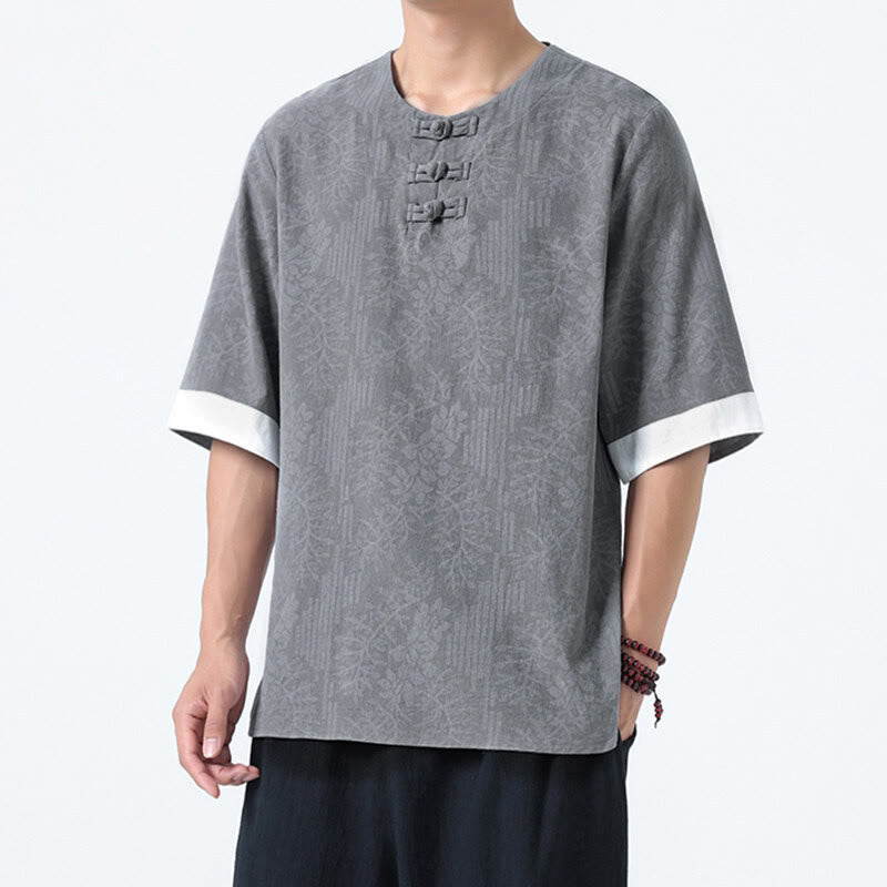 Buddha Stones Chemise en coton à manches courtes et boutons brandebourg, motif fleurs d'été et herbe, style Tang Suit - Gris clair - US/UK/AU46，EU56 (5XL) - image 3