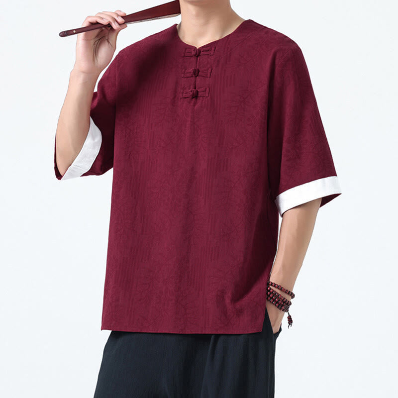 Buddha Stones Chemise en coton à manches courtes et boutons brandebourg, motif fleurs d'été et herbe, style Tang Suit - Bordeaux - US/UK/AU46，EU56 (5XL) - image 14