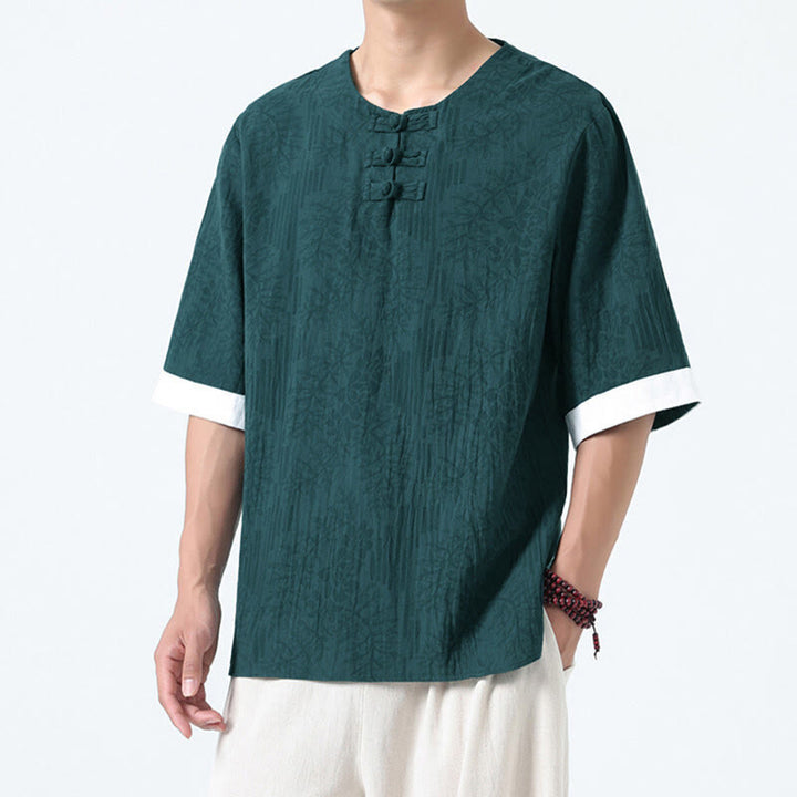 Buddha Stones Chemise en coton à manches courtes et boutons brandebourg, motif fleurs d'été et herbe, style Tang Suit - image 1