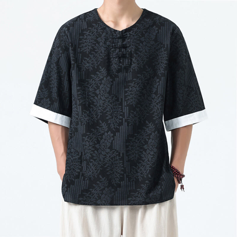 Buddha Stones Chemise en coton à manches courtes et boutons brandebourg, motif fleurs d'été et herbe, style Tang Suit - Noir - US/UK/AU46，EU56 (5XL) - image 11