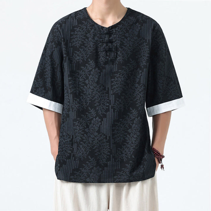 Buddha Stones Chemise en coton à manches courtes et boutons brandebourg, motif fleurs d'été et herbe, style Tang Suit - Noir - US/UK/AU46，EU56 (5XL) - image 11