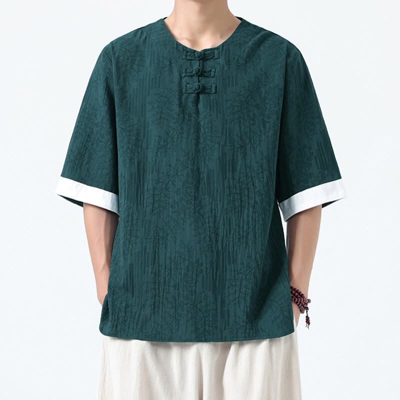 Buddha Stones Chemise en coton à manches courtes et boutons brandebourg, motif fleurs d'été et herbe, style Tang Suit - DarkCyan - US/UK/AU46，EU56 (5XL) - image 0