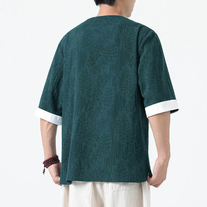 Buddha Stones Chemise en coton à manches courtes et boutons brandebourg, motif fleurs d'été et herbe, style Tang Suit - image 2