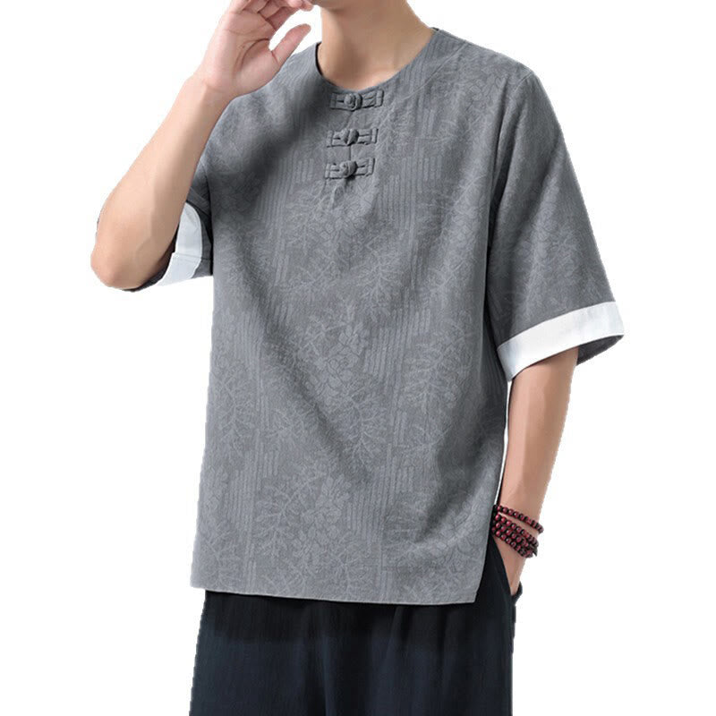 Buddha Stones Chemise en coton à manches courtes et boutons brandebourg, motif fleurs d'été et herbe, style Tang Suit - image 6