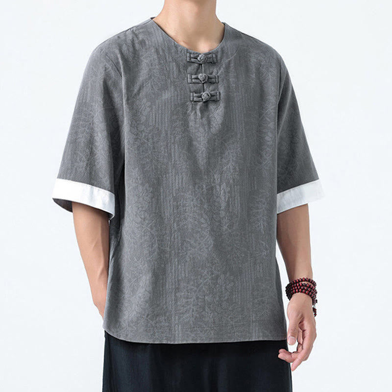 Buddha Stones Chemise en coton à manches courtes et boutons brandebourg, motif fleurs d'été et herbe, style Tang Suit - image 5