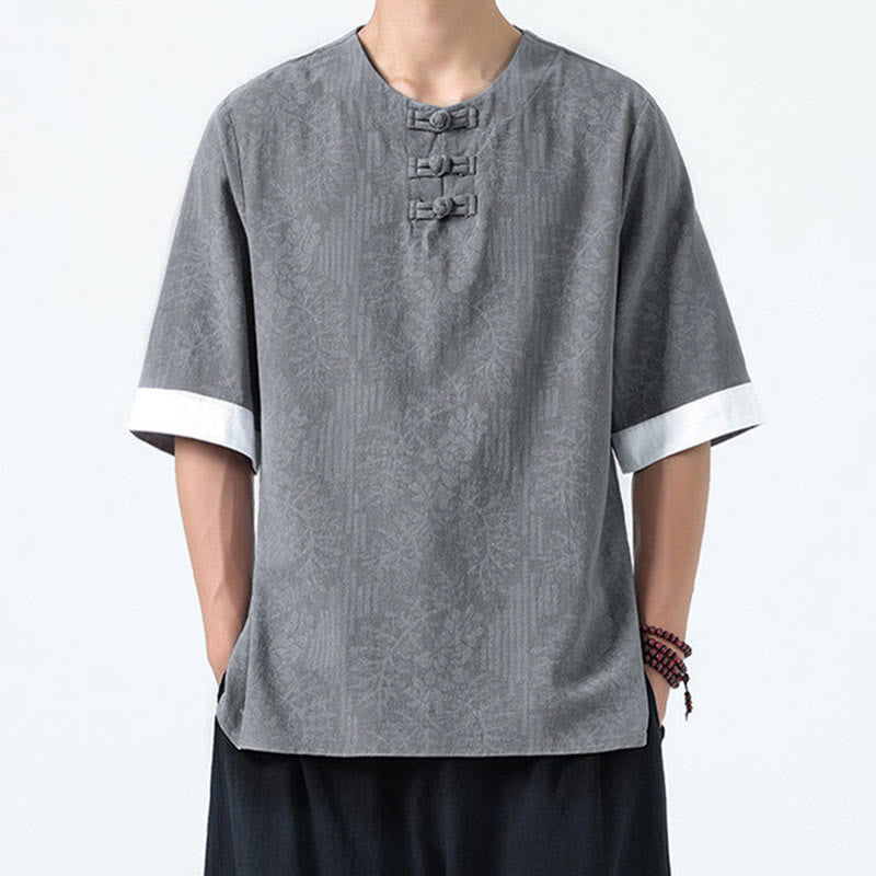 Buddha Stones Chemise en coton à manches courtes et boutons brandebourg, motif fleurs d'été et herbe, style Tang Suit - image 4