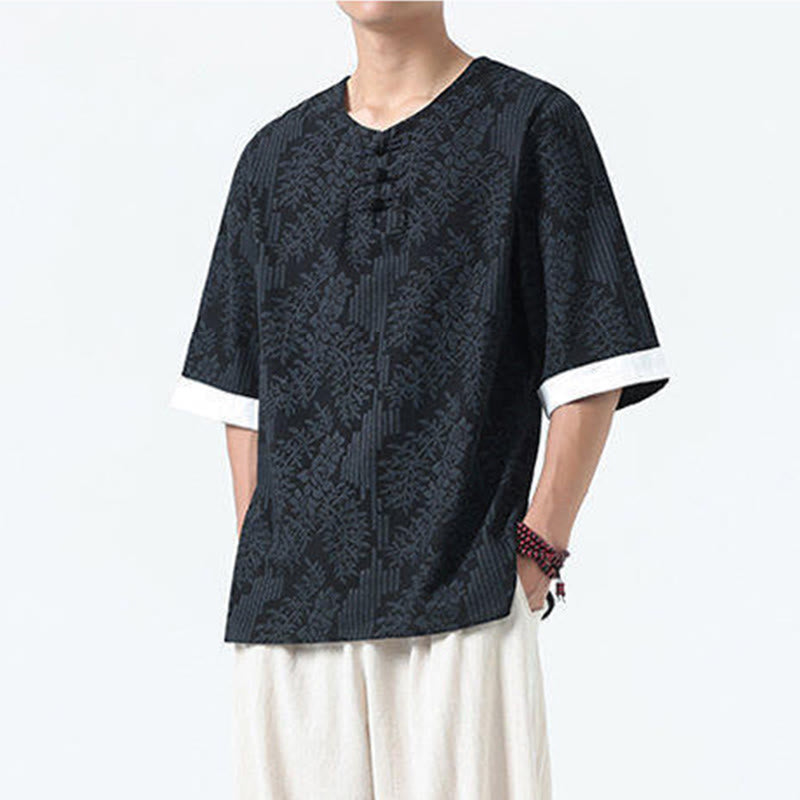 Buddha Stones Chemise en coton à manches courtes et boutons brandebourg, motif fleurs d'été et herbe, style Tang Suit - image 13