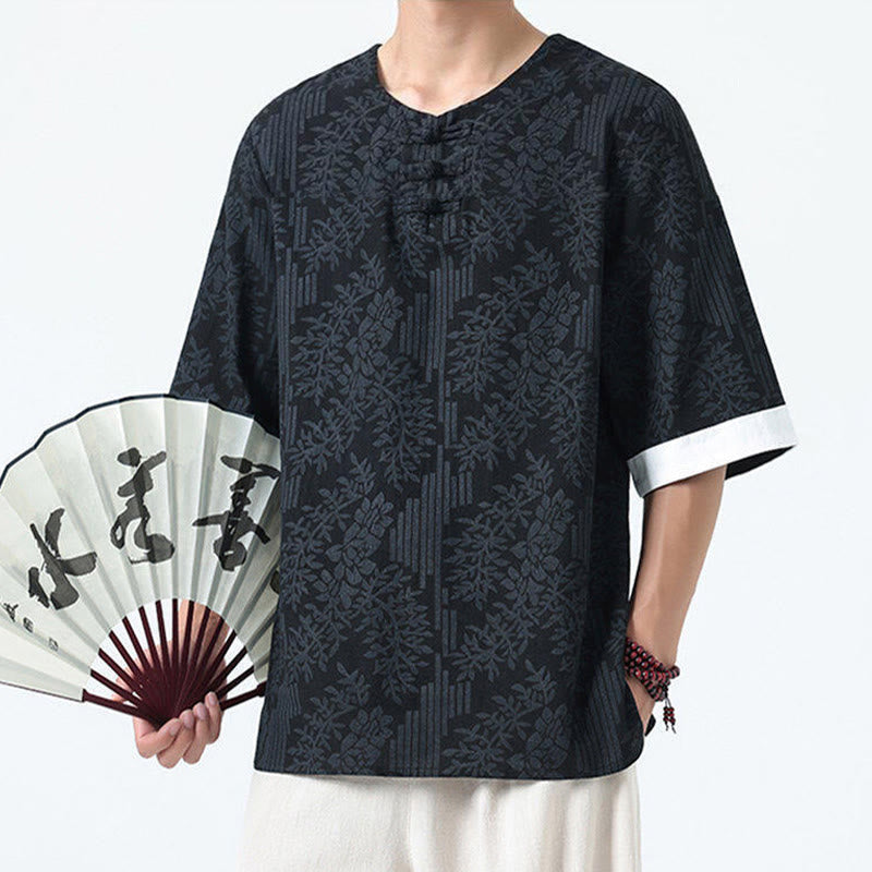 Buddha Stones Chemise en coton à manches courtes et boutons brandebourg, motif fleurs d'été et herbe, style Tang Suit - image 12