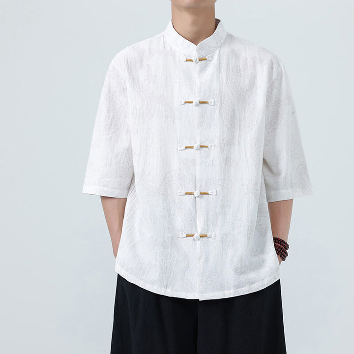 Buddha Stones Chemise en coton à manches courtes et boutons brandebourg, motif nuages ​​porte-bonheur et dragon d'été - Blanc - US/UK/AU46，EU56 (5XL) - image 16