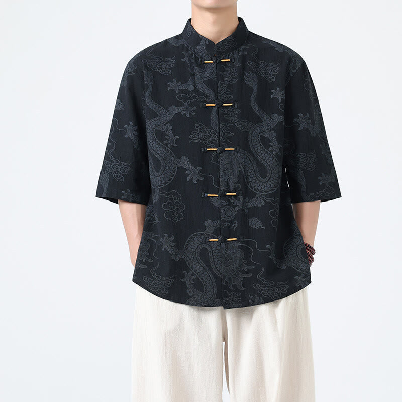 Buddha Stones Chemise en coton à manches courtes et boutons brandebourg, motif nuages ​​porte-bonheur et dragon d'été - image 1
