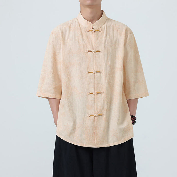 Buddha Stones Chemise en coton à manches courtes et boutons brandebourg, motif nuages ​​porte-bonheur et dragon d'été - Blé - US/UK/AU46，EU56 (5XL) - image 7