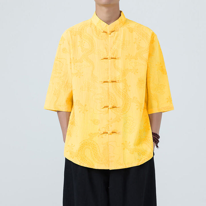 Buddha Stones Chemise en coton à manches courtes et boutons brandebourg, motif nuages ​​porte-bonheur et dragon d'été - Jaune - US/UK/AU46，EU56 (5XL) - image 11