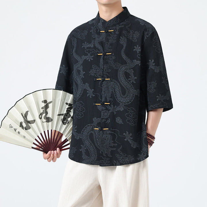 Buddha Stones Chemise en coton à manches courtes et boutons brandebourg, motif nuages ​​porte-bonheur et dragon d'été - Noir - US/UK/AU46，EU56 (5XL) - image 0
