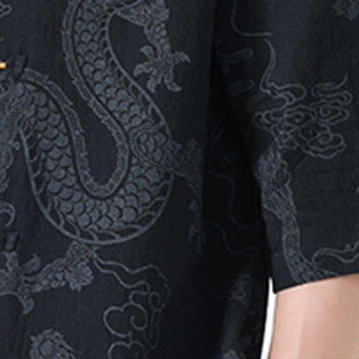Buddha Stones Chemise en coton à manches courtes et boutons brandebourg, motif nuages ​​porte-bonheur et dragon d'été - image 5