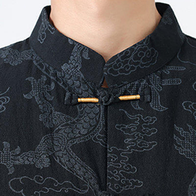 Buddha Stones Chemise en coton à manches courtes et boutons brandebourg, motif nuages ​​porte-bonheur et dragon d'été - image 3