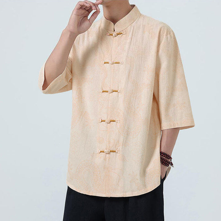 Buddha Stones Chemise en coton à manches courtes et boutons brandebourg, motif nuages ​​porte-bonheur et dragon d'été - image 10