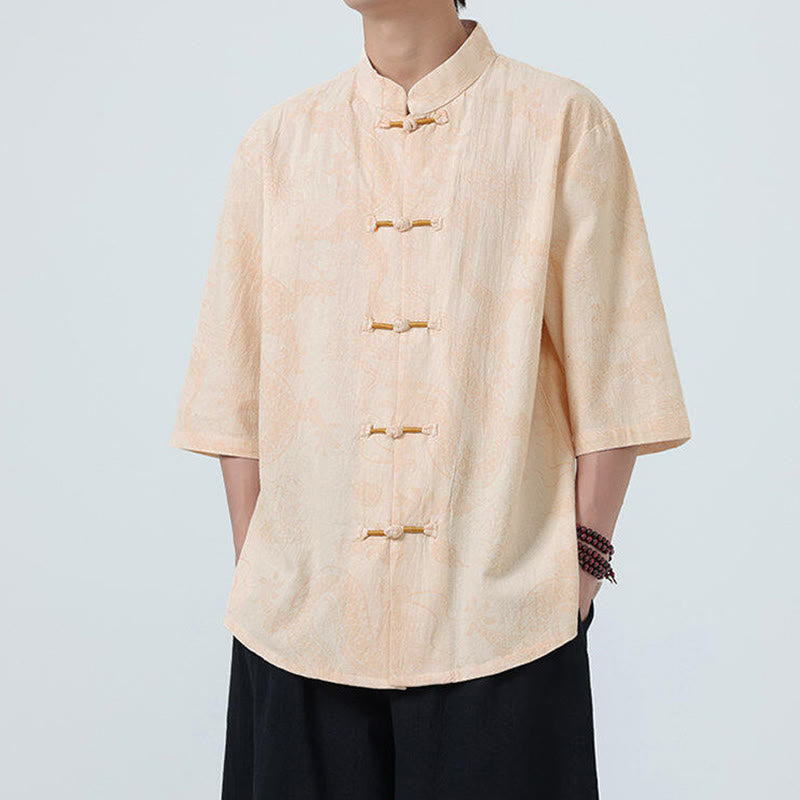 Buddha Stones Chemise en coton à manches courtes et boutons brandebourg, motif nuages ​​porte-bonheur et dragon d'été - image 9