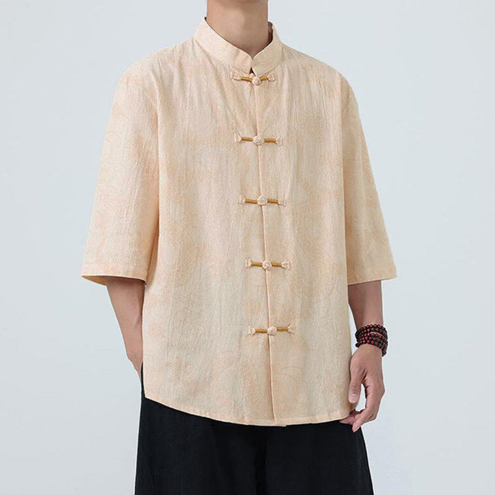 Buddha Stones Chemise en coton à manches courtes et boutons brandebourg, motif nuages ​​porte-bonheur et dragon d'été - image 8