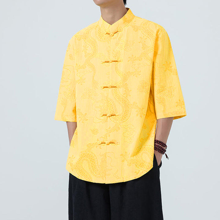 Buddha Stones Chemise en coton à manches courtes et boutons brandebourg, motif nuages ​​porte-bonheur et dragon d'été - image 12