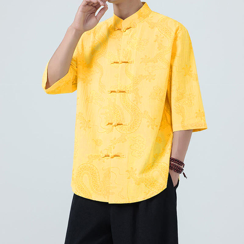 Buddha Stones Chemise en coton à manches courtes et boutons brandebourg, motif nuages ​​porte-bonheur et dragon d'été - image 15