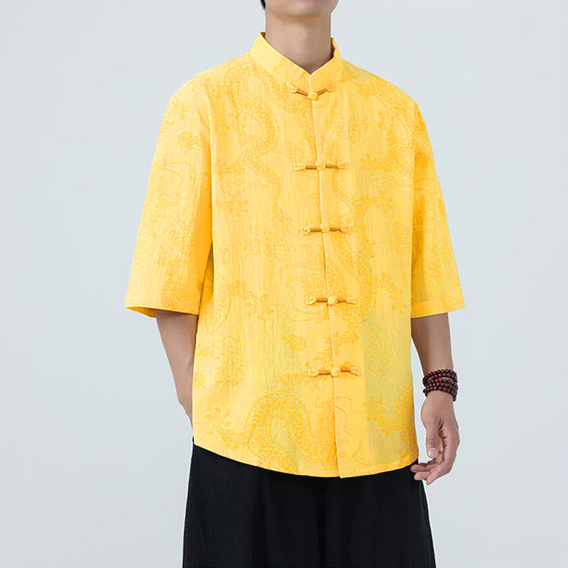 Buddha Stones Chemise en coton à manches courtes et boutons brandebourg, motif nuages ​​porte-bonheur et dragon d'été - image 13