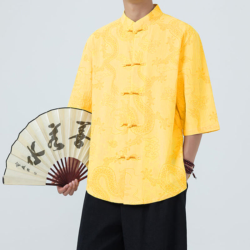 Buddha Stones Chemise en coton à manches courtes et boutons brandebourg, motif nuages ​​porte-bonheur et dragon d'été - image 14