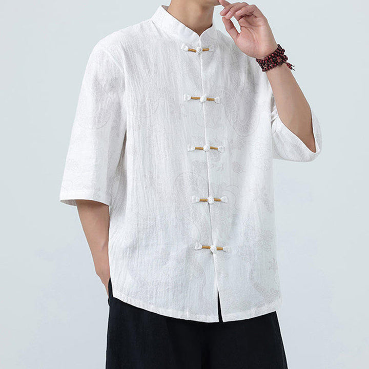 Buddha Stones Chemise en coton à manches courtes et boutons brandebourg, motif nuages ​​porte-bonheur et dragon d'été - image 17