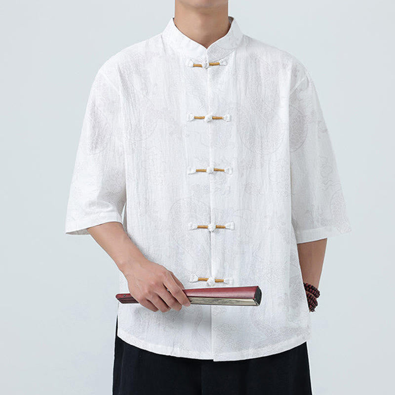 Buddha Stones Chemise en coton à manches courtes et boutons brandebourg, motif nuages ​​porte-bonheur et dragon d'été - image 19