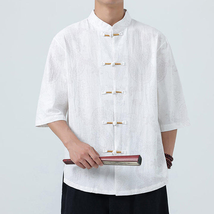 Buddha Stones Chemise en coton à manches courtes et boutons brandebourg, motif nuages ​​porte-bonheur et dragon d'été - image 19