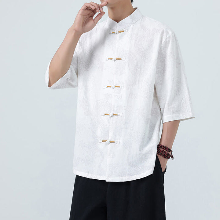 Buddha Stones Chemise en coton à manches courtes et boutons brandebourg, motif nuages ​​porte-bonheur et dragon d'été - image 18