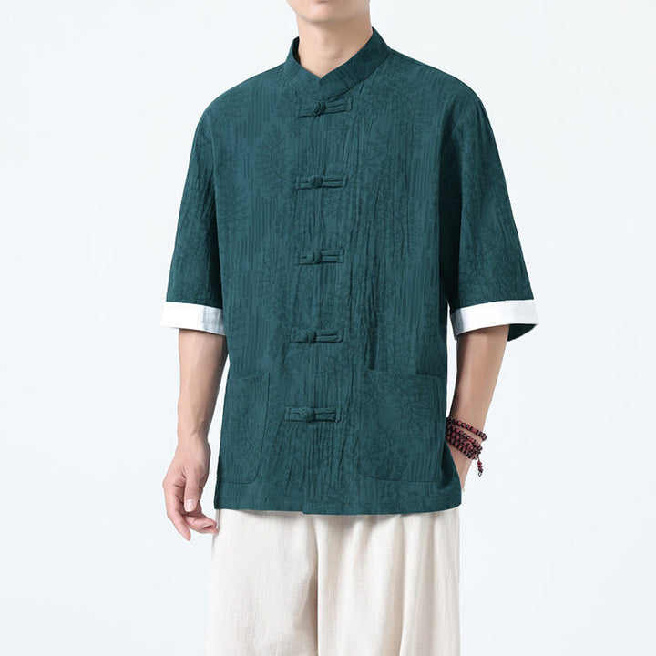 Buddha Stones Chemise Tang Suit pour homme, manches courtes, col brandebourg, en coton, à motif fleurs d'été et herbe, avec poches - Sarcelle - US/UK/AU46，EU56 (5XL) - image 15