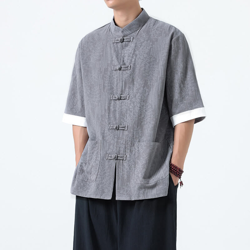 Buddha Stones Chemise Tang Suit pour homme, manches courtes, col brandebourg, en coton, à motif fleurs d'été et herbe, avec poches - Gris - US/UK/AU46，EU56 (5XL) - image 4