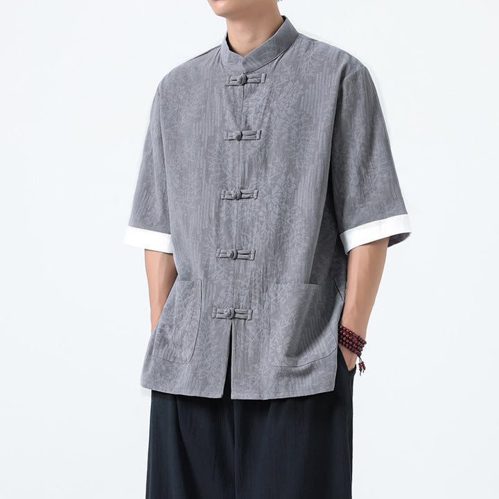 Buddha Stones Chemise Tang Suit pour homme, manches courtes, col brandebourg, en coton, à motif fleurs d'été et herbe, avec poches - Gris - US/UK/AU46，EU56 (5XL) - image 4