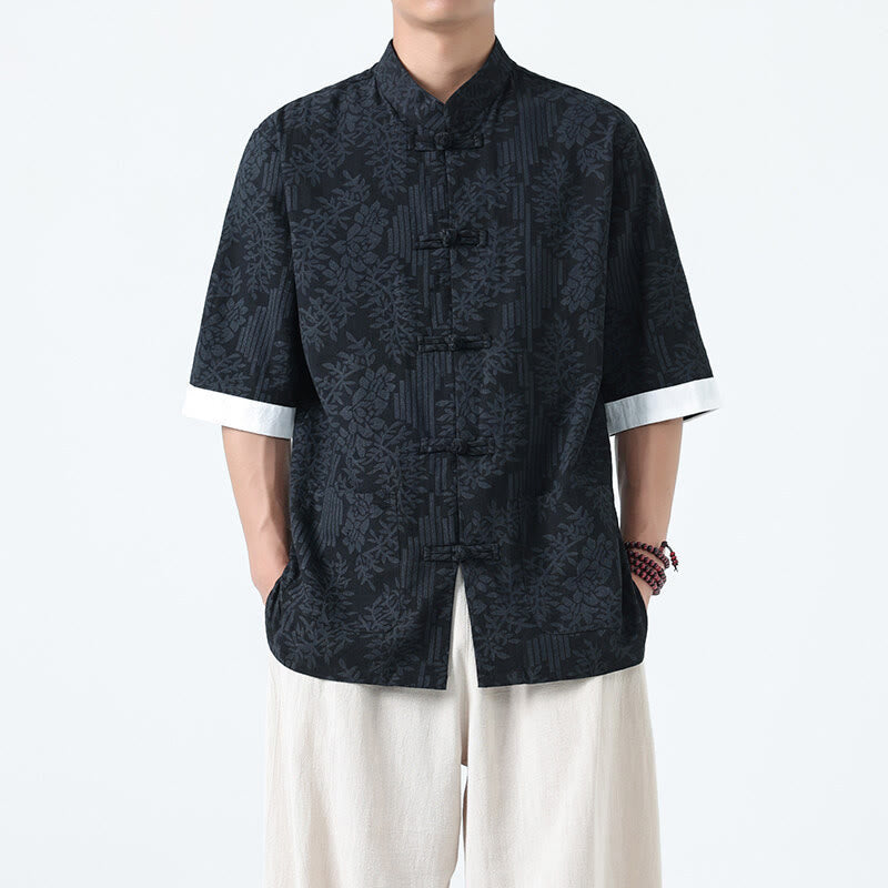 Buddha Stones Chemise Tang Suit pour homme, manches courtes, col brandebourg, en coton, à motif fleurs d'été et herbe, avec poches - image 1