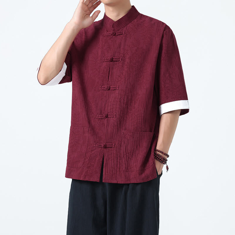 Buddha Stones Chemise Tang Suit pour homme, manches courtes, col brandebourg, en coton, à motif fleurs d'été et herbe, avec poches - Bordeaux - US/UK/AU46，EU56 (5XL) - image 11