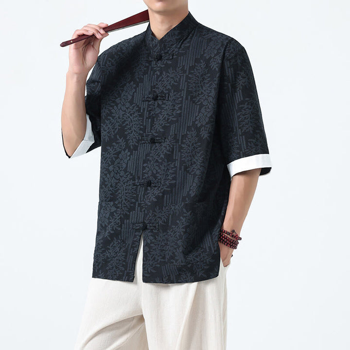 Buddha Stones Chemise Tang Suit pour homme, manches courtes, col brandebourg, en coton, à motif fleurs d'été et herbe, avec poches - Noir - US/UK/AU46，EU56 (5XL) - image 0