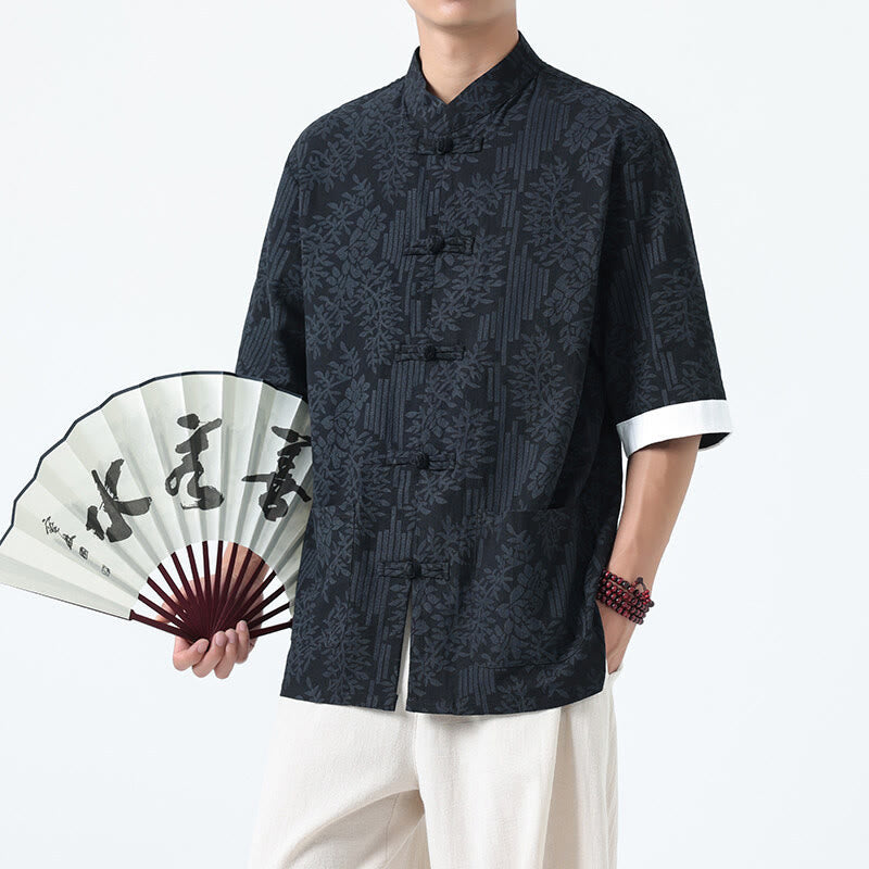 Buddha Stones Chemise Tang Suit pour homme, manches courtes, col brandebourg, en coton, à motif fleurs d'été et herbe, avec poches - image 2