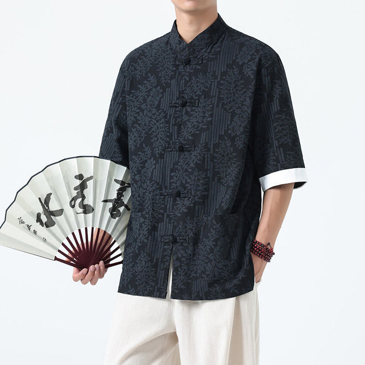 Buddha Stones Chemise Tang Suit pour homme, manches courtes, col brandebourg, en coton, à motif fleurs d'été et herbe, avec poches - image 2