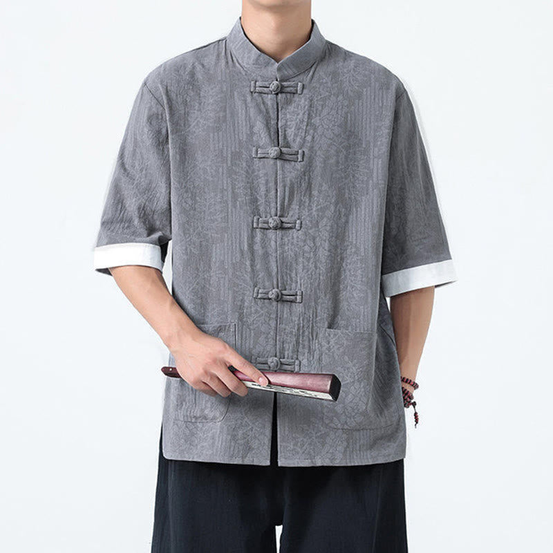 Buddha Stones Chemise Tang Suit pour homme, manches courtes, col brandebourg, en coton, à motif fleurs d'été et herbe, avec poches - image 6