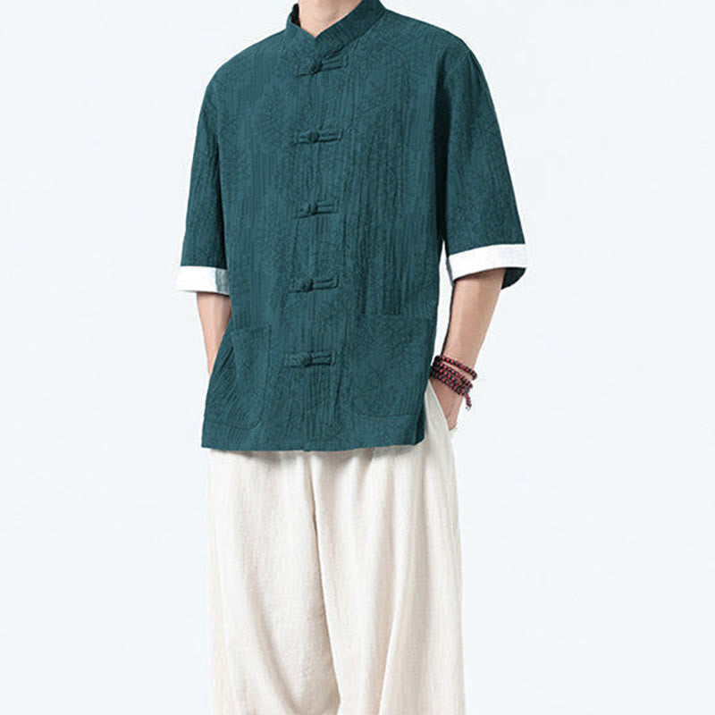 Buddha Stones Chemise Tang Suit pour homme, manches courtes, col brandebourg, en coton, à motif fleurs d'été et herbe, avec poches - image 20