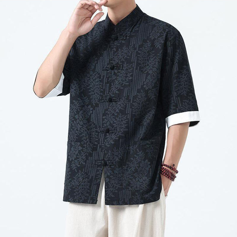 Buddha Stones Chemise Tang Suit pour homme, manches courtes, col brandebourg, en coton, à motif fleurs d'été et herbe, avec poches - image 3