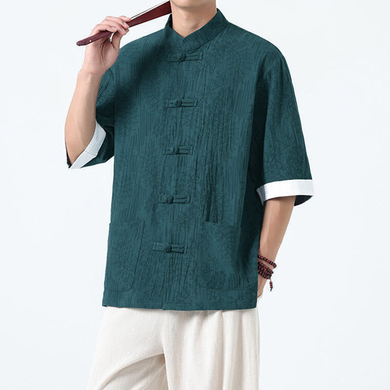 Buddha Stones Chemise Tang Suit pour homme, manches courtes, col brandebourg, en coton, à motif fleurs d'été et herbe, avec poches - image 19