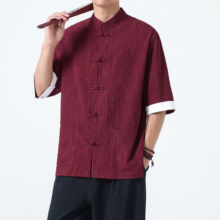 Buddha Stones Chemise Tang Suit pour homme, manches courtes, col brandebourg, en coton, à motif fleurs d'été et herbe, avec poches - image 14