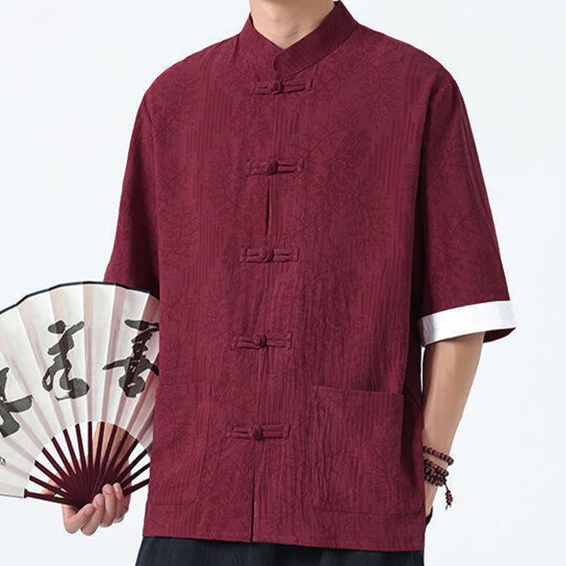 Buddha Stones Chemise Tang Suit pour homme, manches courtes, col brandebourg, en coton, à motif fleurs d'été et herbe, avec poches - image 13