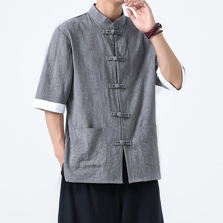 Buddha Stones Chemise Tang Suit pour homme, manches courtes, col brandebourg, en coton, à motif fleurs d'été et herbe, avec poches - image 5