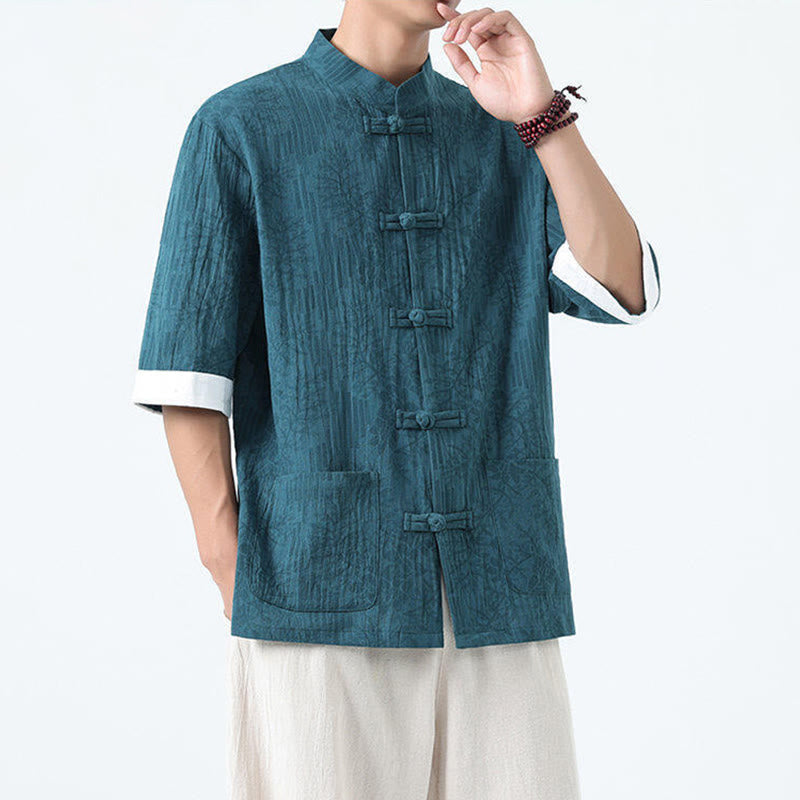 Buddha Stones Chemise Tang Suit pour homme, manches courtes, col brandebourg, en coton, à motif fleurs d'été et herbe, avec poches - image 16