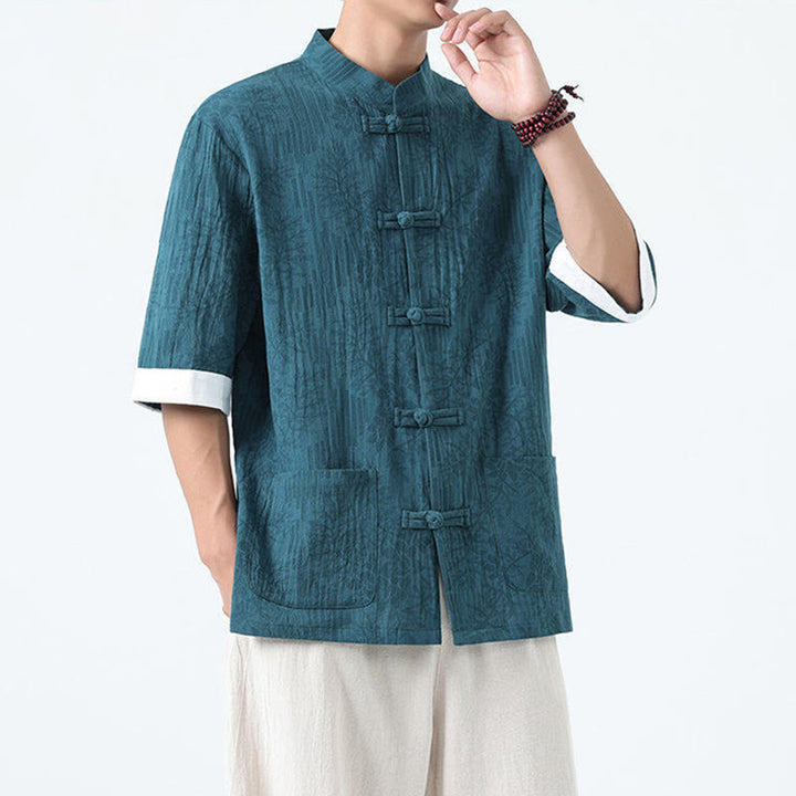Buddha Stones Chemise Tang Suit pour homme, manches courtes, col brandebourg, en coton, à motif fleurs d'été et herbe, avec poches - image 16
